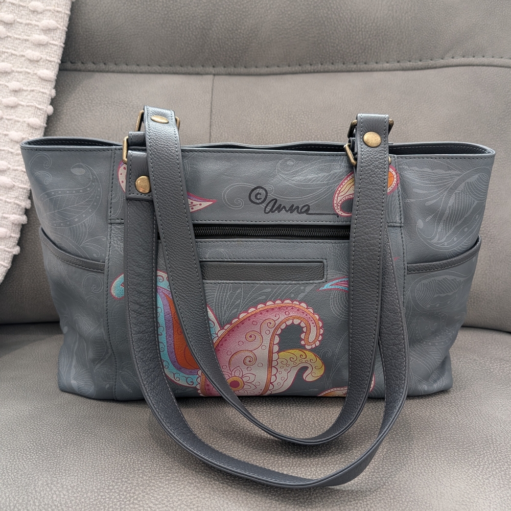Anna by Anuschka Blue Gray Paisley Hand Painted Leather Large Hobo Bag 17” EUC